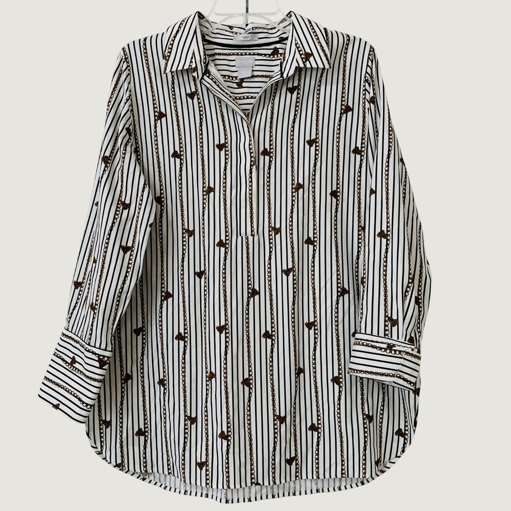 Chico's Tunic Women 2 (US 12) White Chain Stripe Tassel Pullover Long Sleeve Top